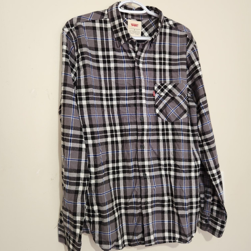 Levis Flannel Shirt For Mens Size Medium Black/gray Color 100% Cotton  B6
