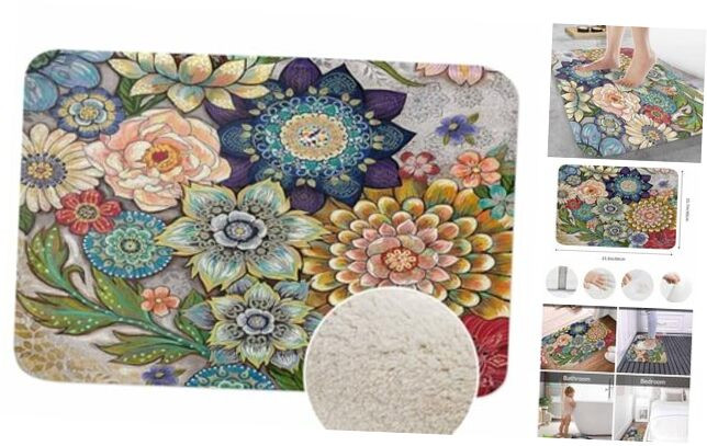 Abstract Flowers Bath Mat with Colorful Peony and Chrysanthemum Blossom Design-image