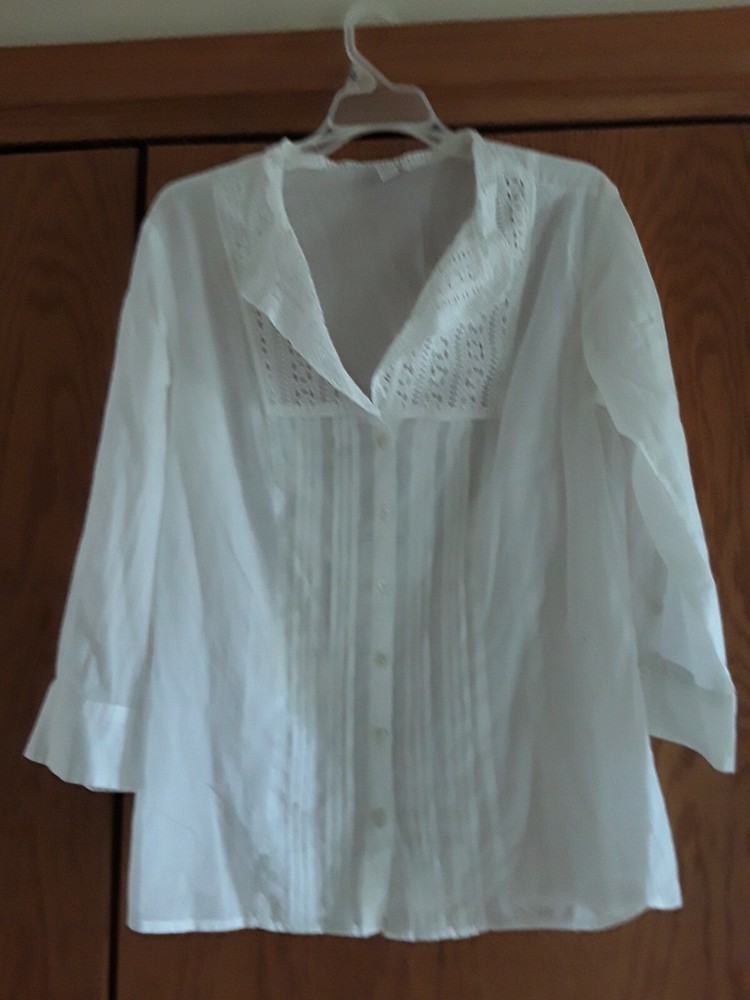 CHARTER CLUB KNIT TOP- 12- WHITE - CROCHET NECK - COTTON - 3/4 SLEEVES