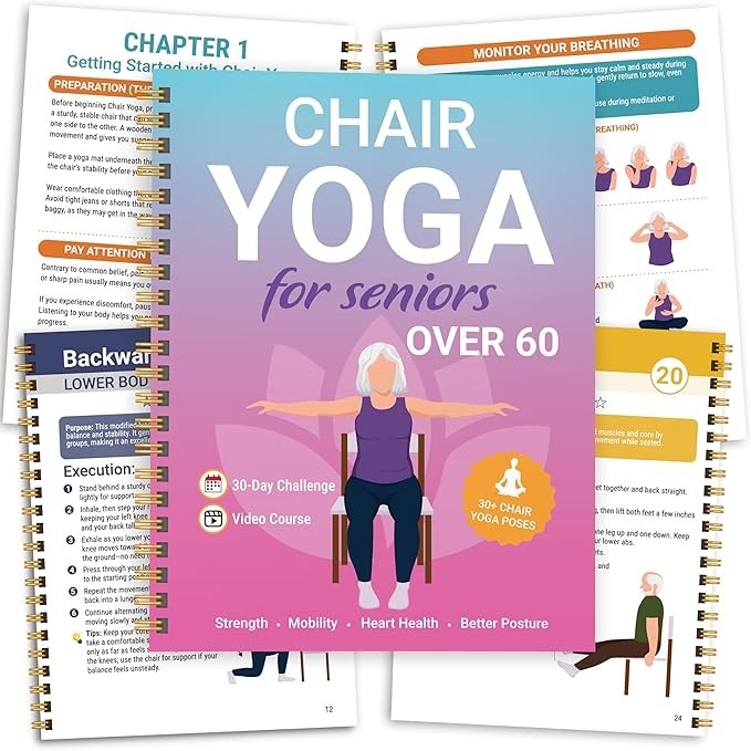 Chair Yoga for Seniors over 60 Book and Chart, 30 Poses with Video Guide, Spiral