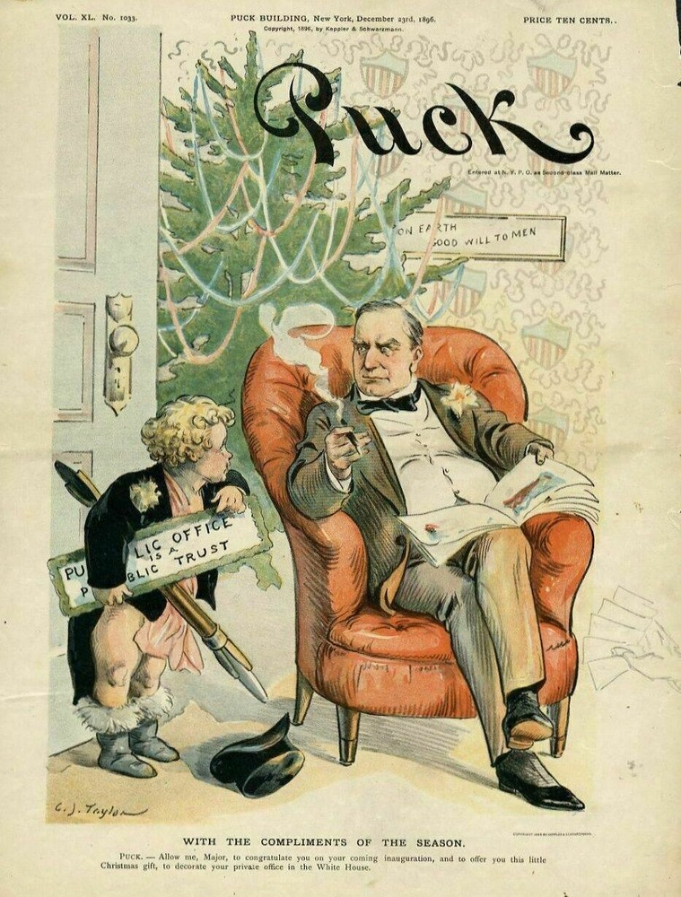 PRESIDENT ELECT WILLIAM McKINLEY CHRISTMAS TREE PRESENT PUCK LITHOGRAPH PEN