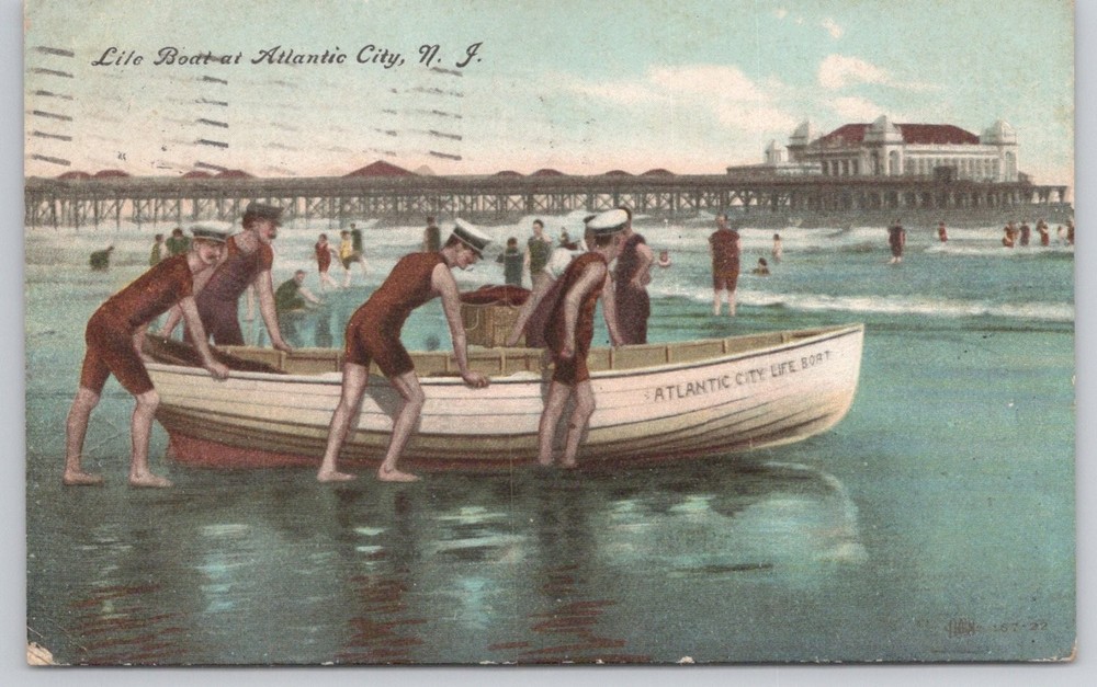 1908 Atlantic City NJ Life Boat Crew Beach Pier Vintage Postcard