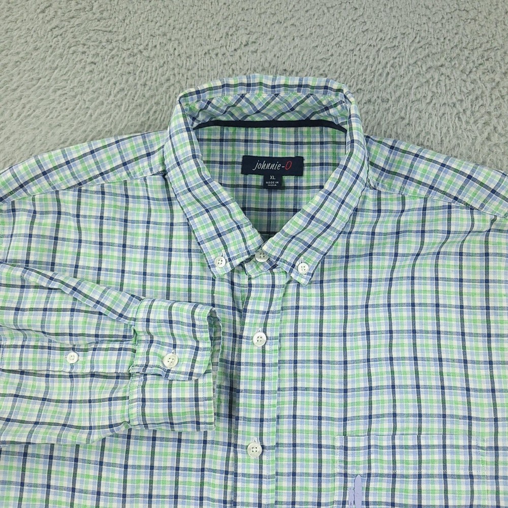 Johnnie-O Shirt Mens XL Blue Green Plaid Cotton Linen Long Sleeve Button Front