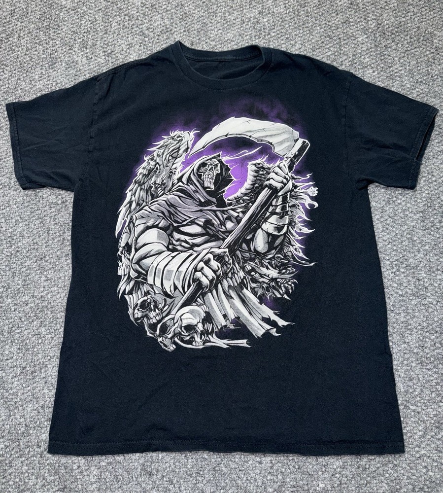 Men's Black Grim Reaper Skull Graphic Print Crew Neck Cotton T-Shirt Size M
