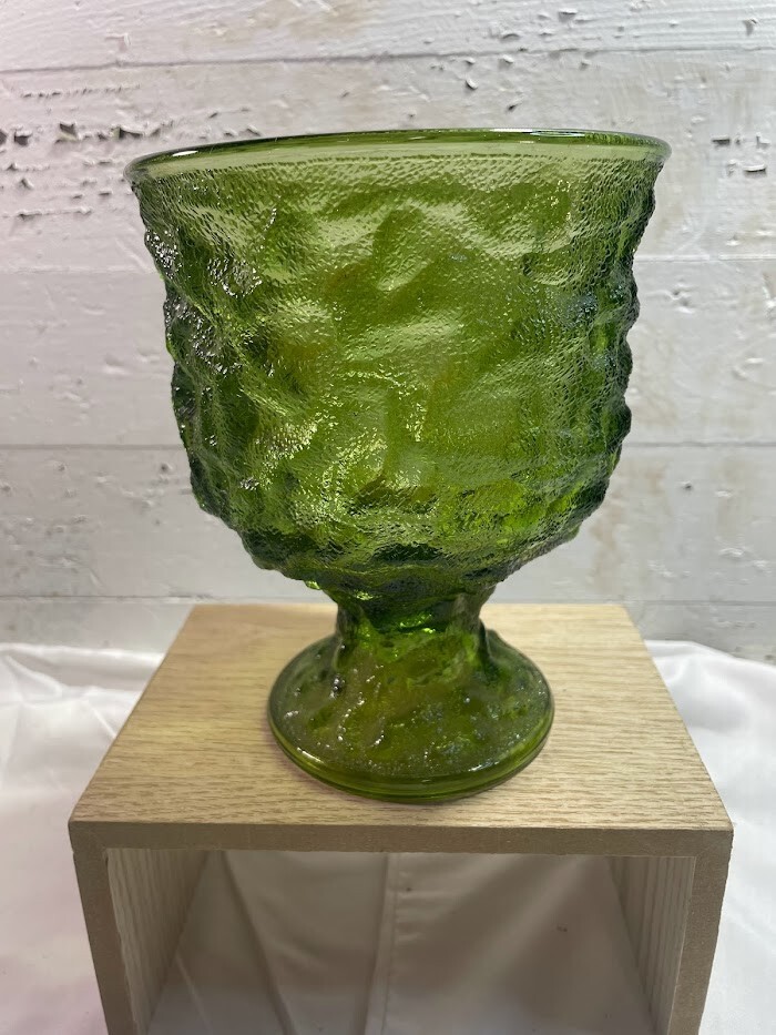 E.O. Brody Co Avocado Green 70s Crinkle Glass Pedestal Bowl Planter Vase Vintage