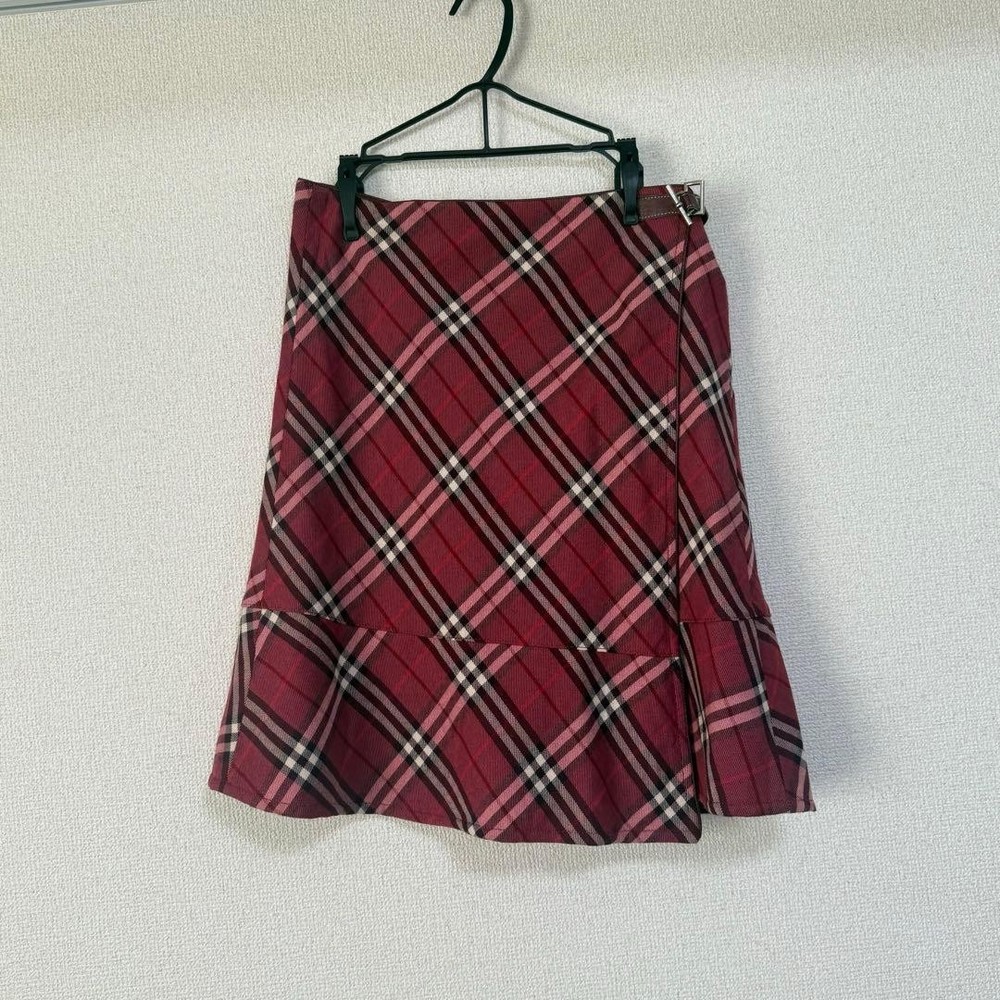 BURBERRY BLUE LABEL Red Check Wrap Skirt Size 38 Unique Belt Design