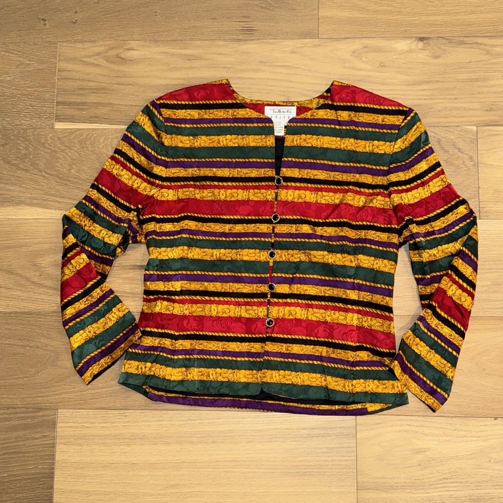 Vintage Talbots Blazer SZ 12P 100% Silk Stripe Jewel Tone Shoulder Pads Button