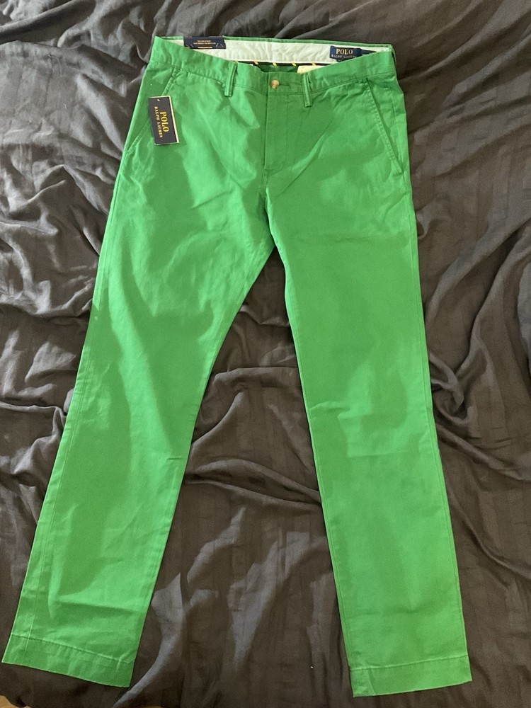 Polo Ralph Lauren Slim Fit Green Cotton Chino Stretch Pants with Pockets 33/32