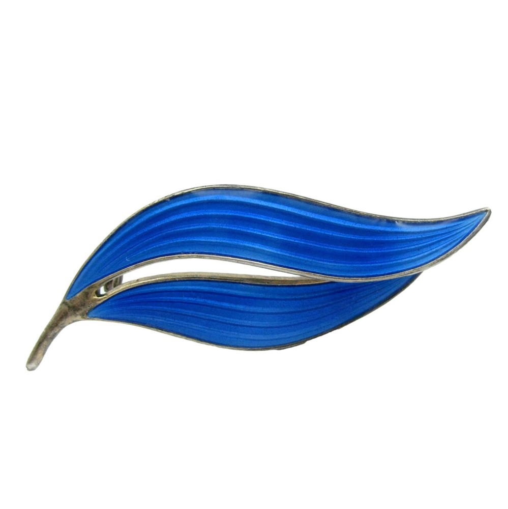 Aksel Holmsen Sterling Leaf Pin Blue Guilloche Enamel Silver Brooch Norway
