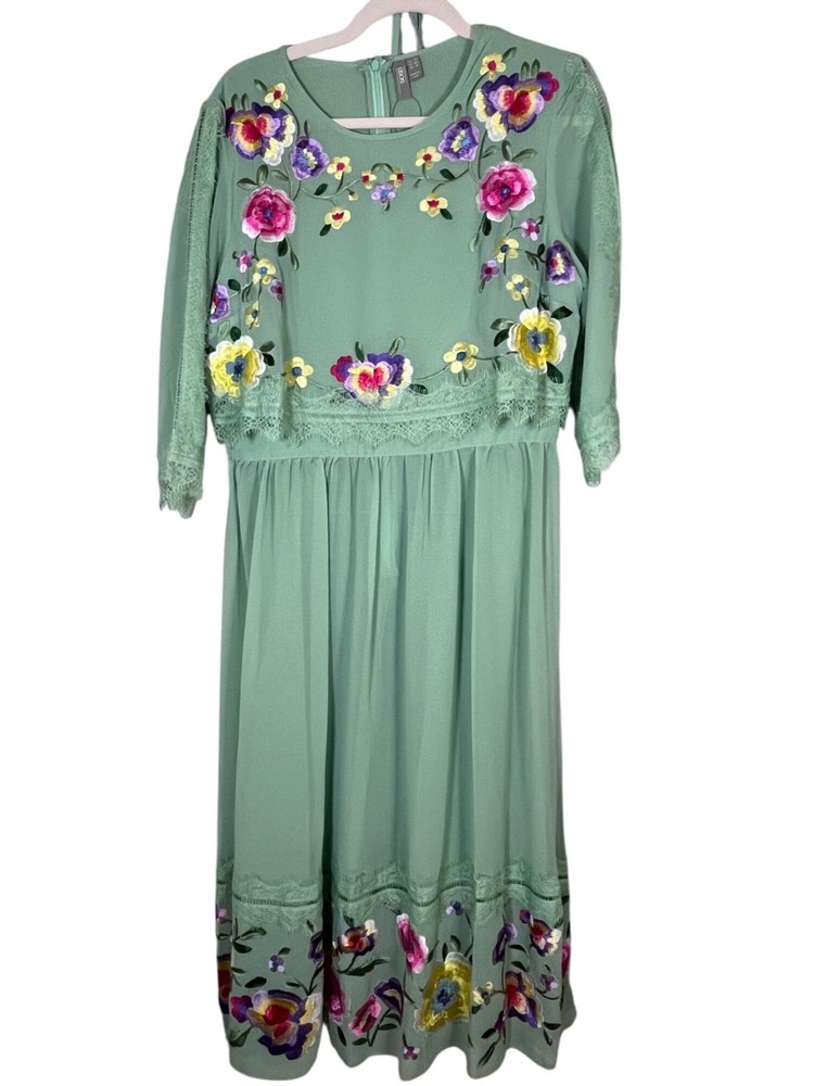 ASOS Floral Midi Dress 10 Green Embroidery Cottagecore Preppy Classic Chic Retro