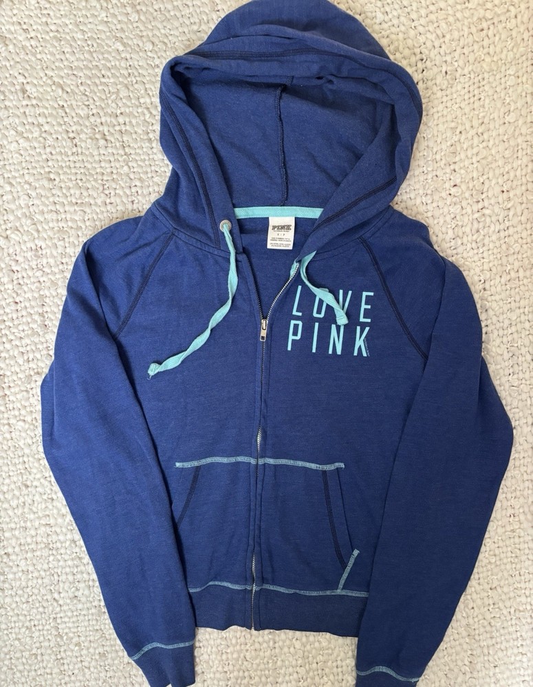 PINK Victoria's Secret Love Pink Full Zip Hoodie Blue Logo Women's Size S