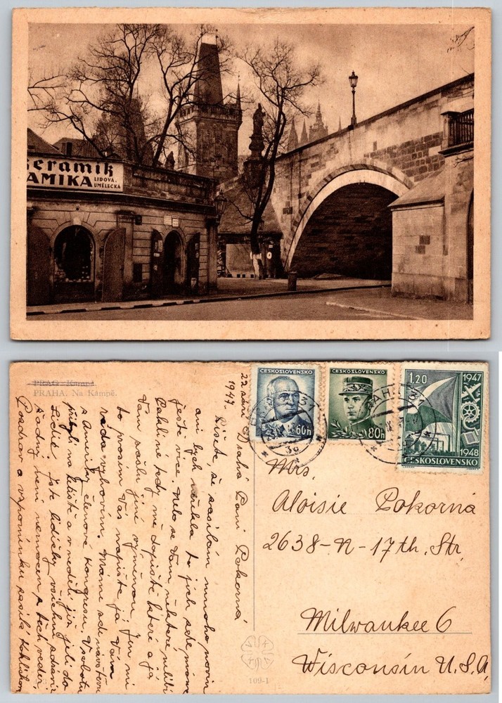 Vintage 1947 Prague Kampa Charles Bridge Tower RPPC Postcard Czechoslovakia