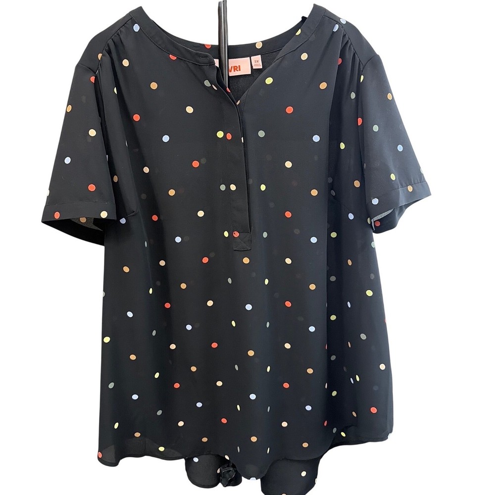 EVRI Womens 2X Polka Dot Split Neck Blouse Black Multi Color Short Sleeve Top