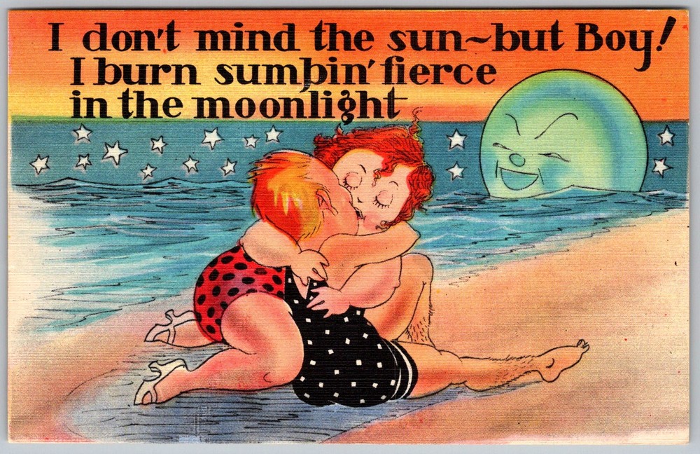 Vtg Linen Postcard Moonlight Kissing Cartoon 1940s