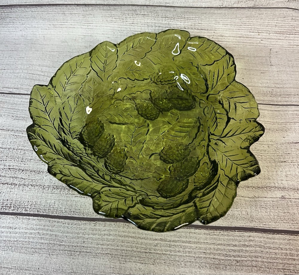 Vintage Green Indiana Glass Loganberry & Leaf Pattern Candy Trinket Dish Bowl