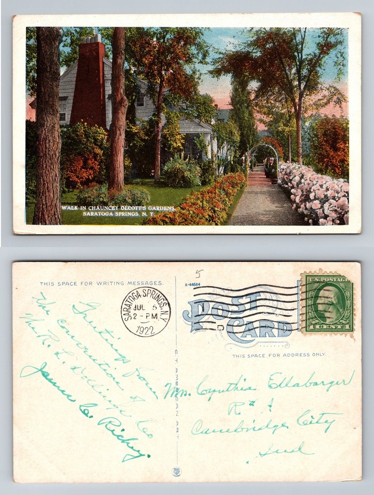 Saratoga Springs, NY-New York, Chauncey Olcott Gardens Vintage c1922 Postcard