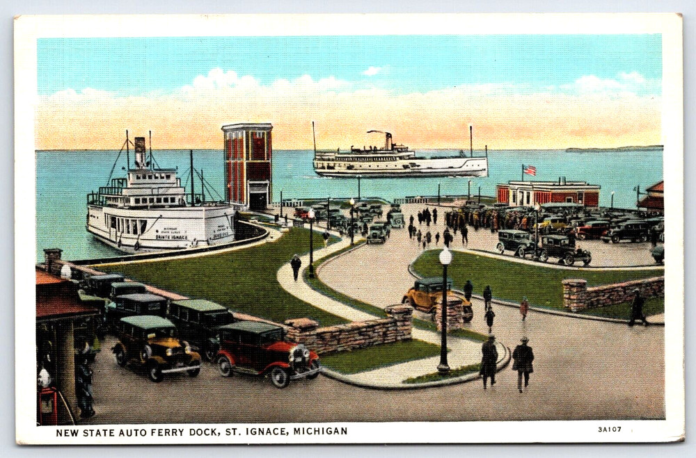 St. Ignace Michigan Mi New State Auto Ferry Dock Cars Ships Vintage Postcard Usa