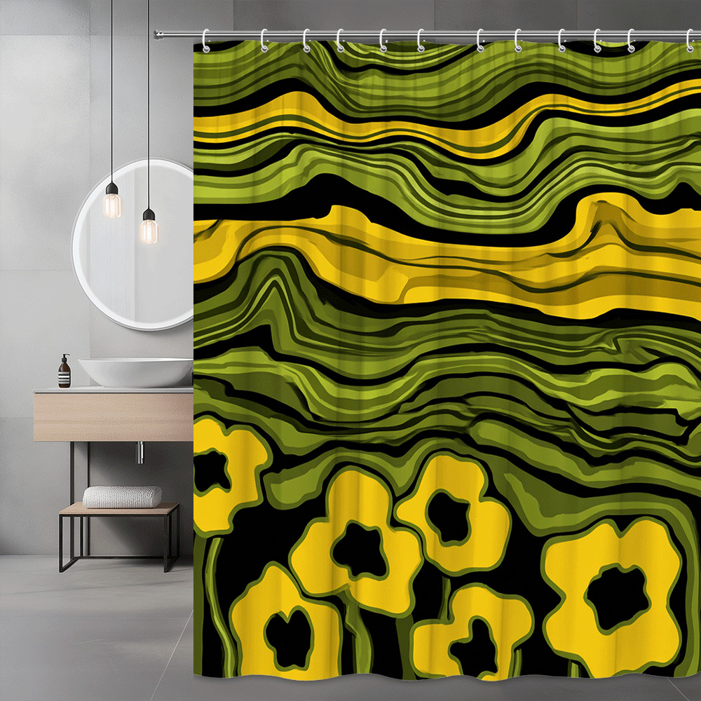Black Green Yellow Abstract Floral Shower Curtain
