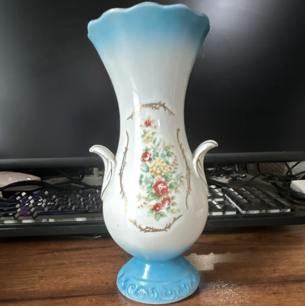 Japan Blue & White Floral Ceramic Vase, Glossy, Scalloped Rim, Handles