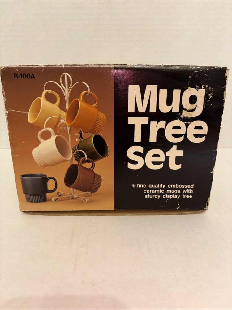 Vtg Japan Ceramic Mug Tree Set Of 6 Mugs Green Plum Blue Rust Beige White Wheat
