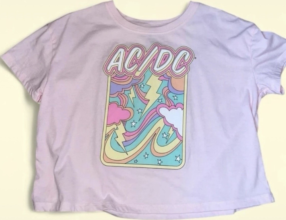 AC/DC Womens Pink Graphic Print Crew Neck Short Sleeve Crop T-Shirt Size M