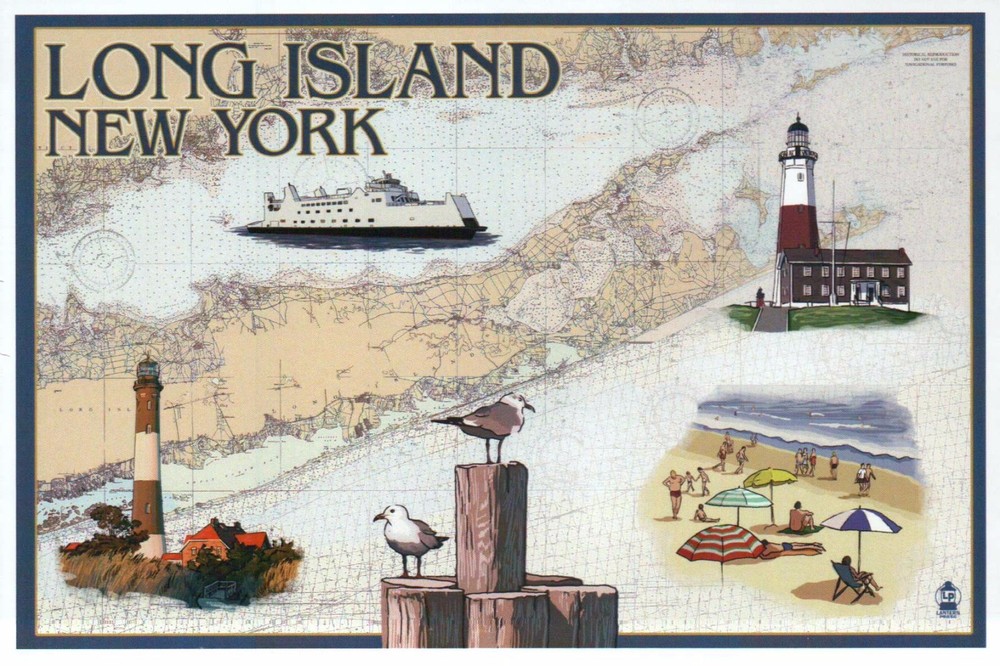 Long Island New York Nautical Chart, Lighthouses Ferry etc - Modern Map Postcard