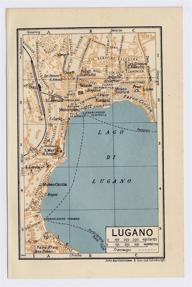 1937 Original Vintage City Map Of Lugano / Ticino / Switzerland