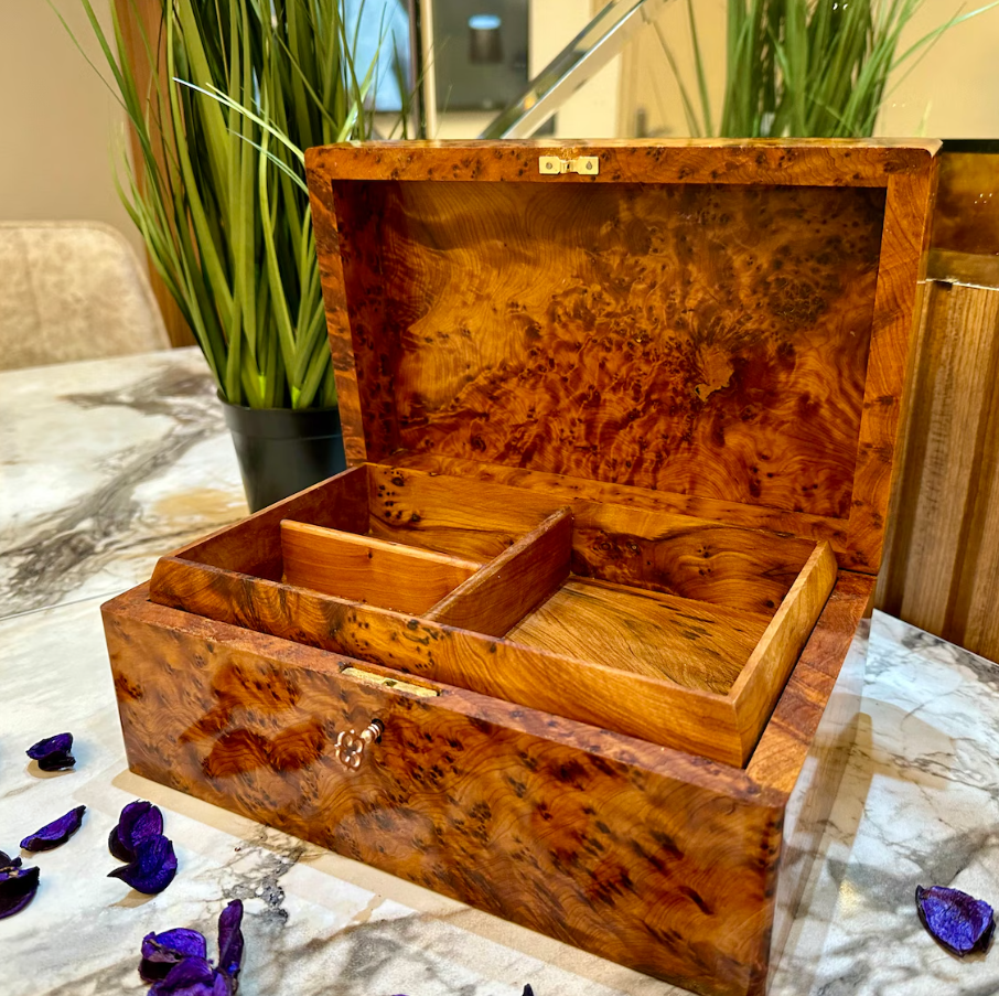 Moroccan jewellery Box lockable thuya wooden burl Jewelry Box organizer Keepsake