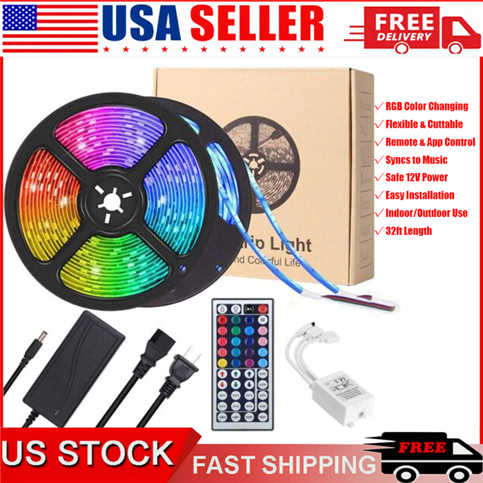 32ft LED Strip Lights, Remote Control, Waterproof RGB for Indoor Outdoor Decor
