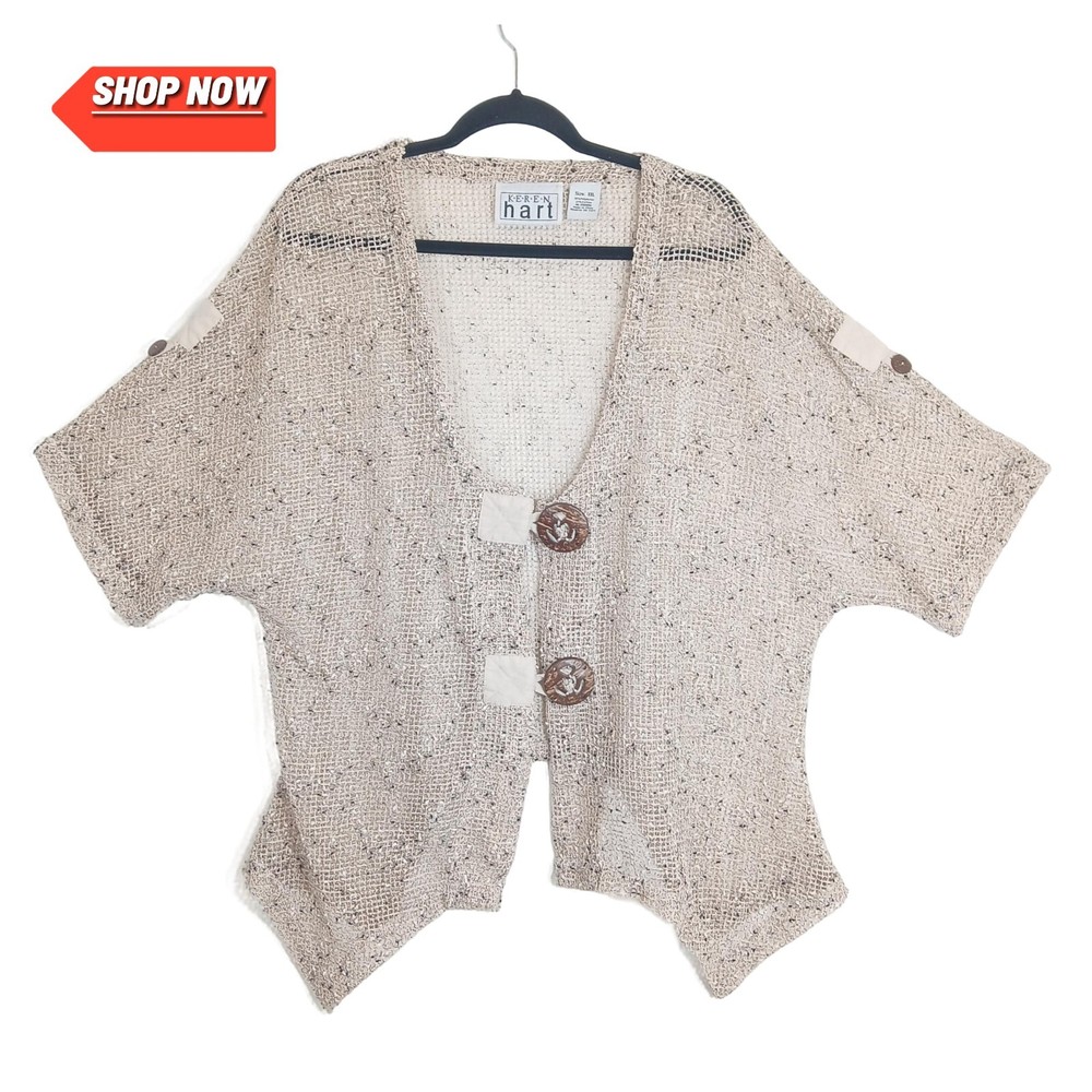 Boho Chic Beige Mesh Cardigan XXL Button Front Bohemian Style