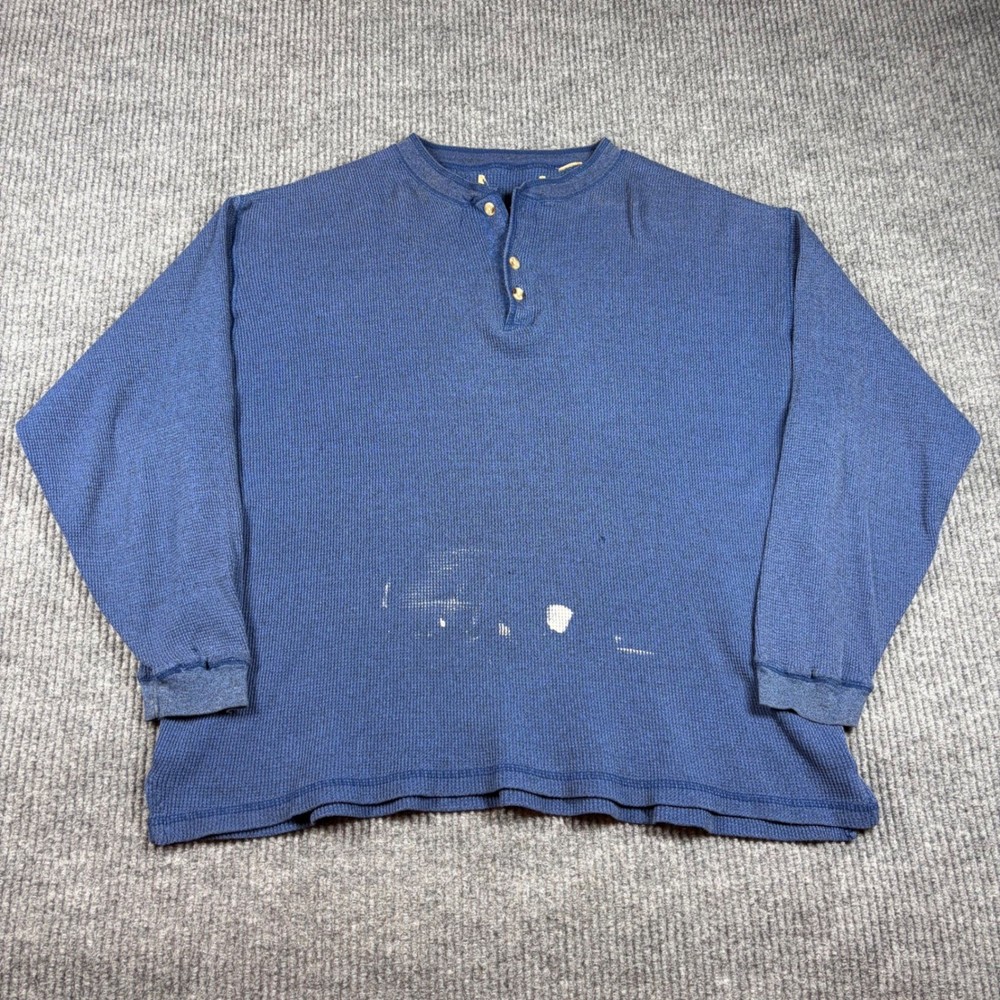 Vintage Shirt Men's XL Blue Waffle Henley Long Sleeve Distressed Paint Splatter
