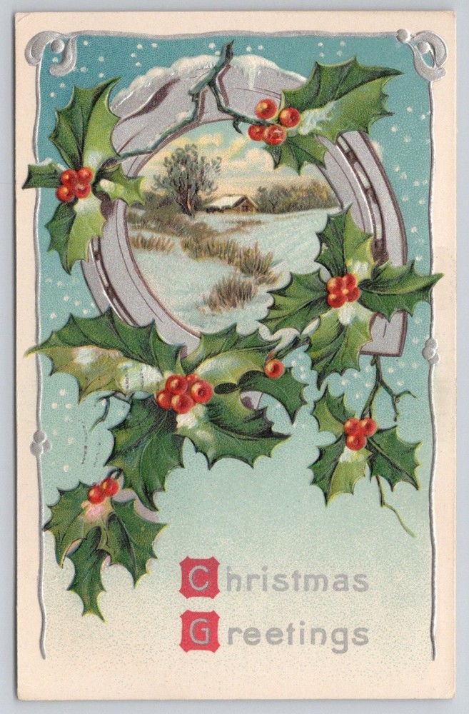 1909 Christmas Greetings Postcard Embossed Holly Horseshoe Winter Scene