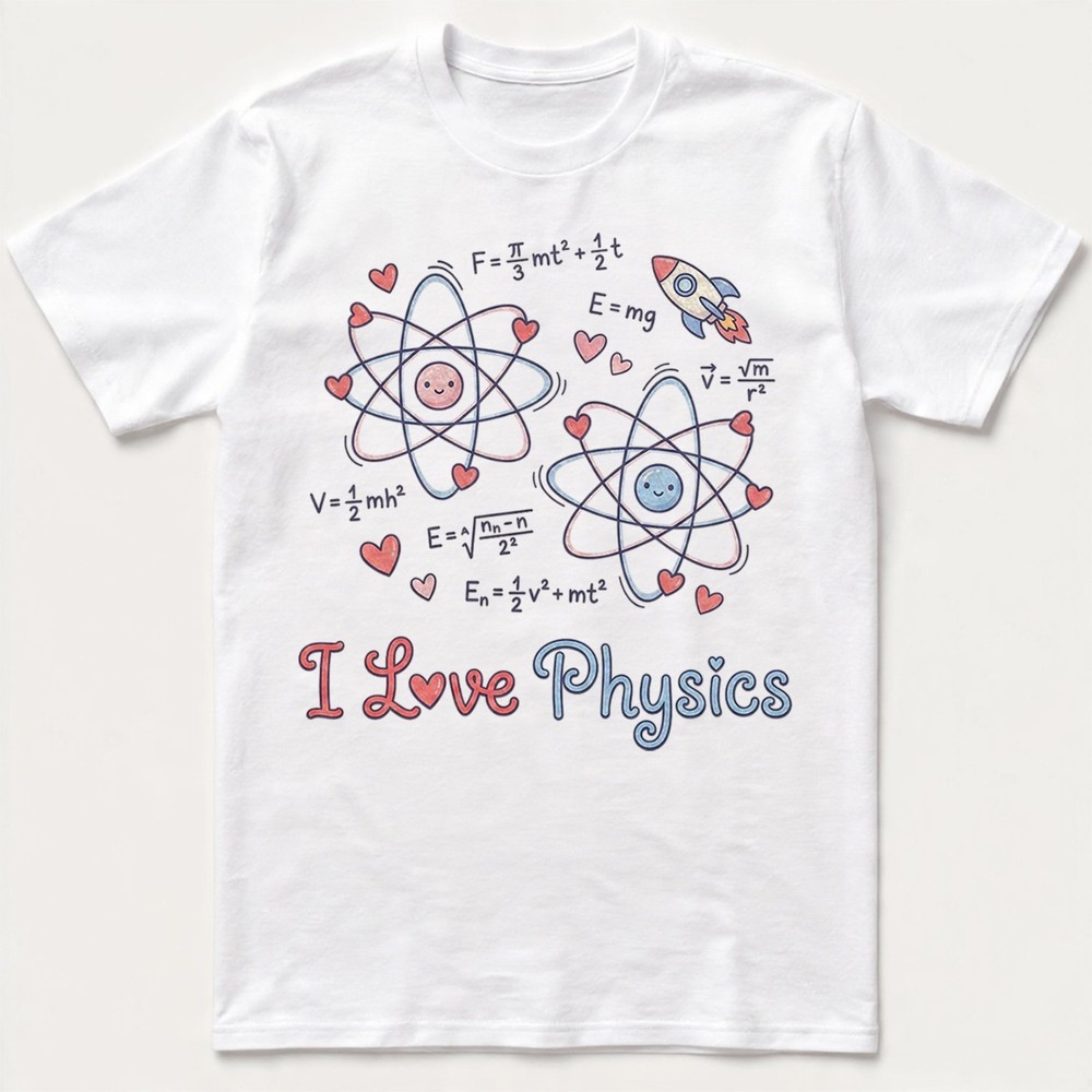 I Love Physics T-Shirt Science Teacher Atom Rocket Cute Geek Nerd Valentines Tee