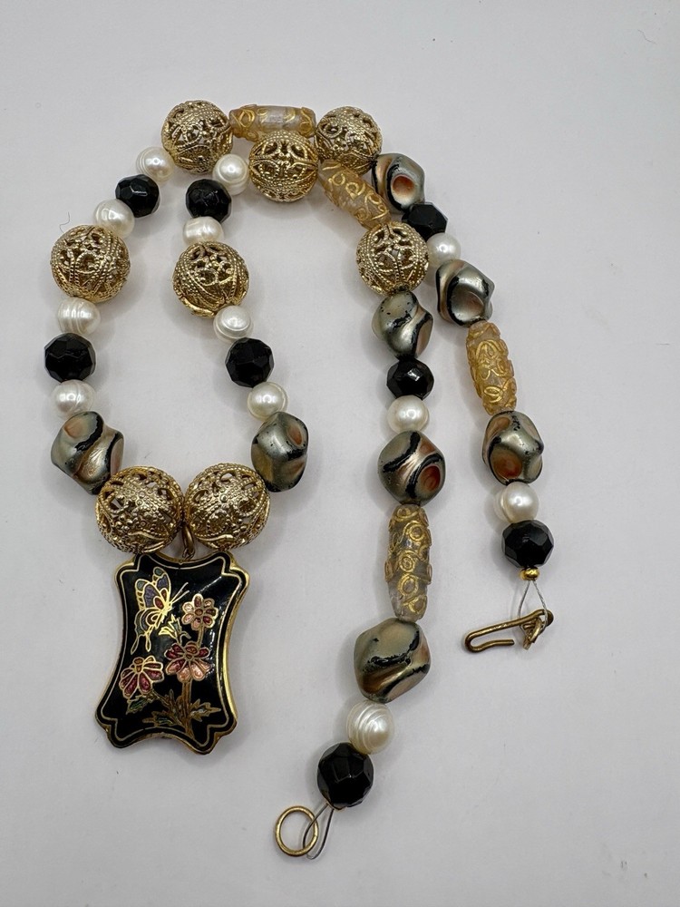 Vintage Upcycled Venetian glass Cloisonné Freshwater Pearl Lucite Bead Necklace