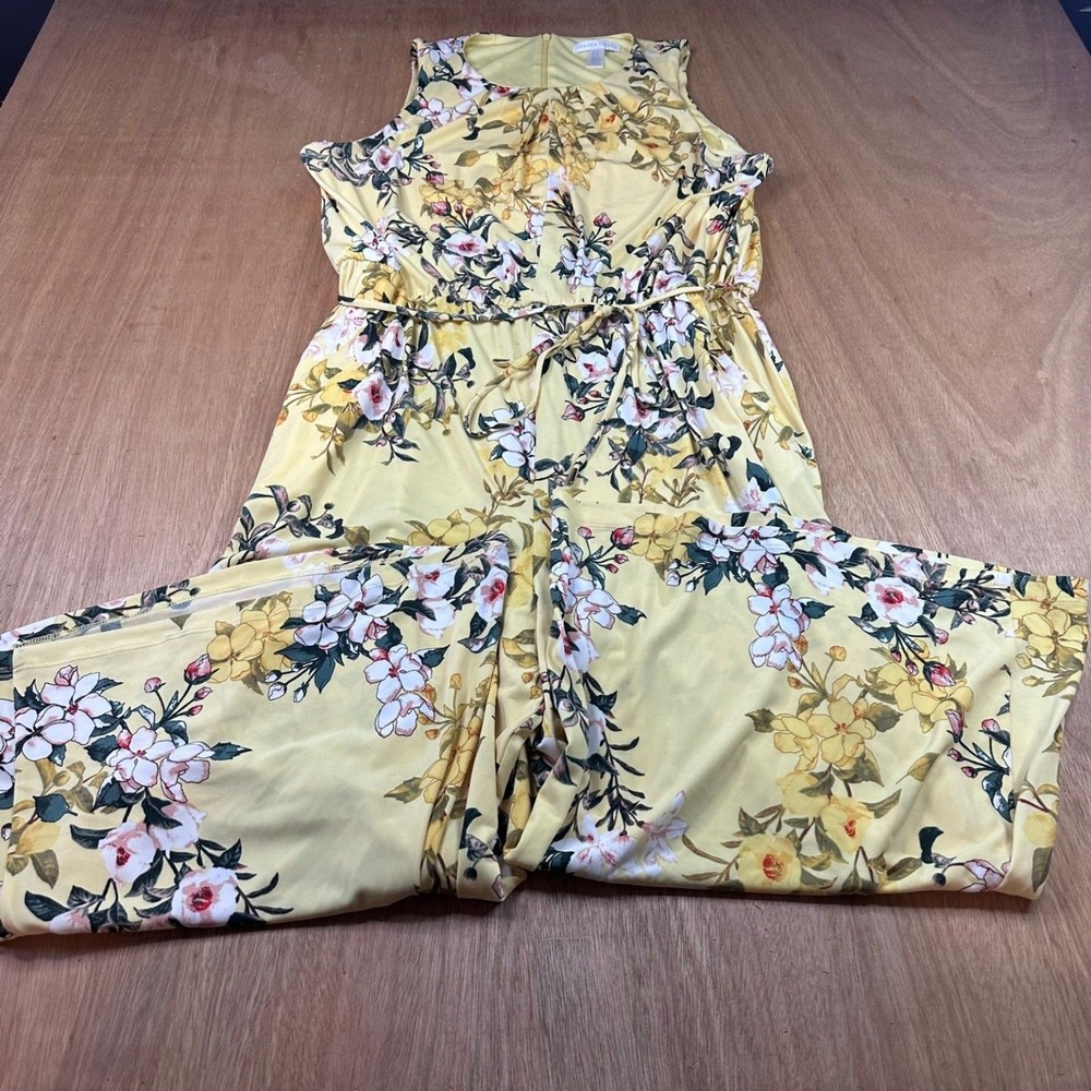 London Times Jumpsuit Womens 16 Yellow Floral Wide Leg Sleeveless Tie Waist