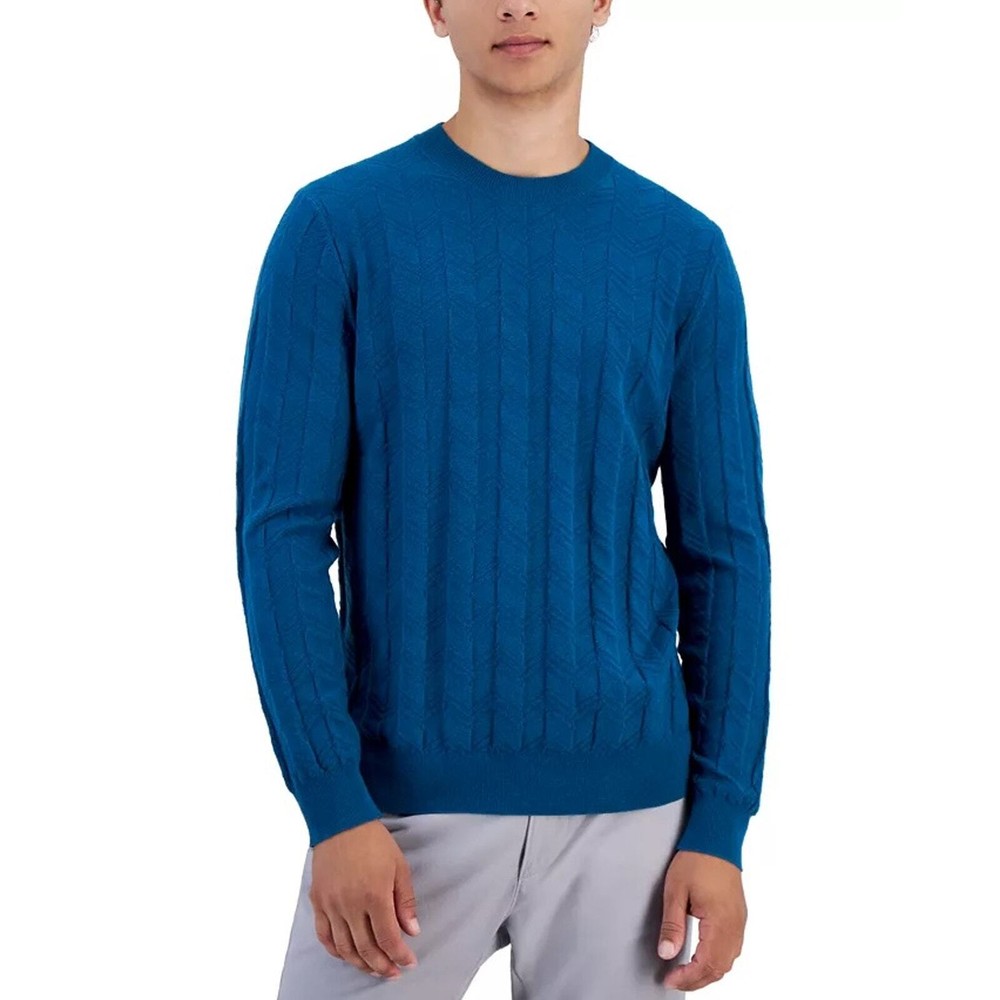 Alfani Men's Blue Knit Gem Textured Chevron Pullover Crewneck Sweater Size XL