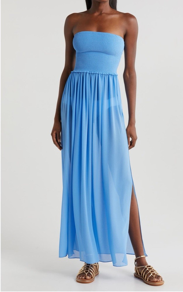 $295 Ramy Brook Women's Blue Calista Smocked Strapless Coverup Dress Size L