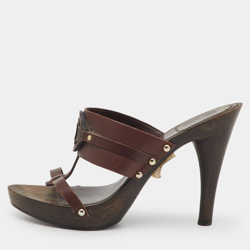Dior Dark Brown Leather Logo Platform Wooden Clogs Size 37