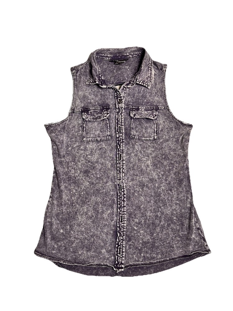 Rock & Republic Women's Sleeveless Button Down Shirt Black Acid Washed Size S