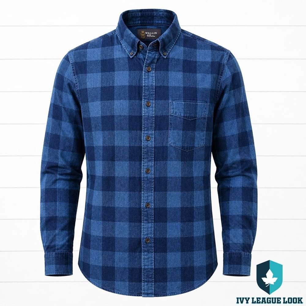 Wallin & Bros Blue Plaid Button Down Shirt Cotton Classic Preppy Large