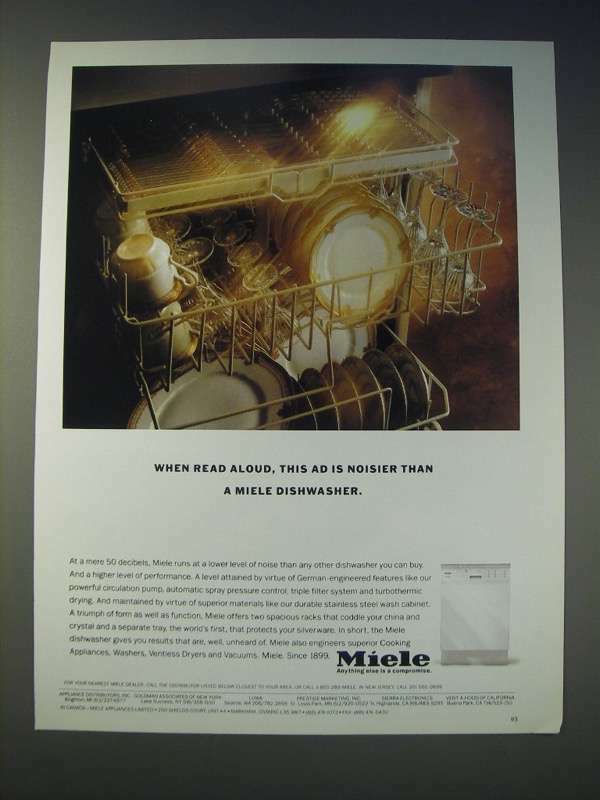 1989 Miele Dishwashers Ad - When read aloud, this ad is noisier than a Miele