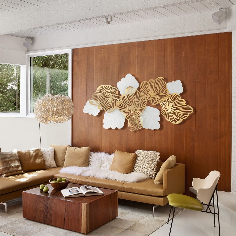 Metal Flowers +Leaves Wall Art Large White +Gold Sculpture Hanging Home Decor