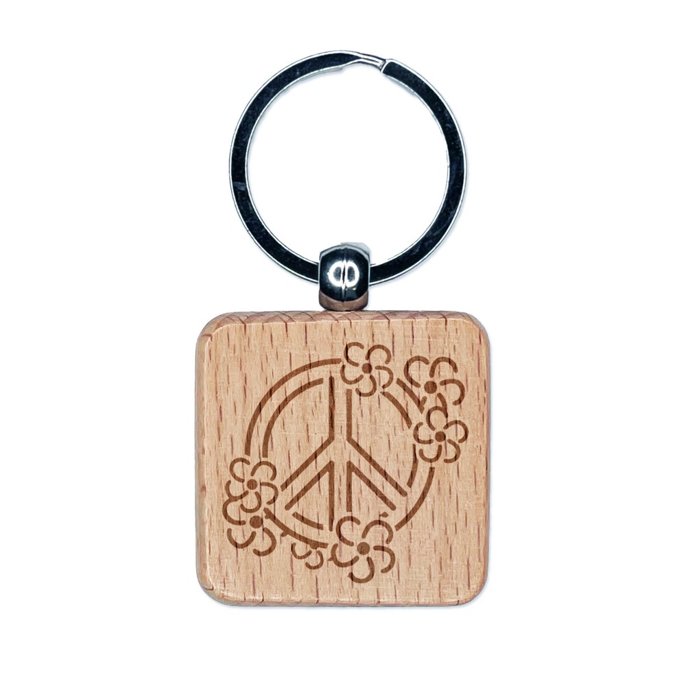 Floral Peace Sign Wooden Keychain Charm with Engraved Design