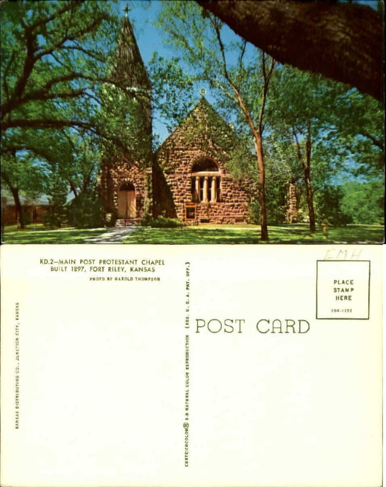 Main Post Protestant Chapel Fort Riley Kansas KS chrome unused old postcard