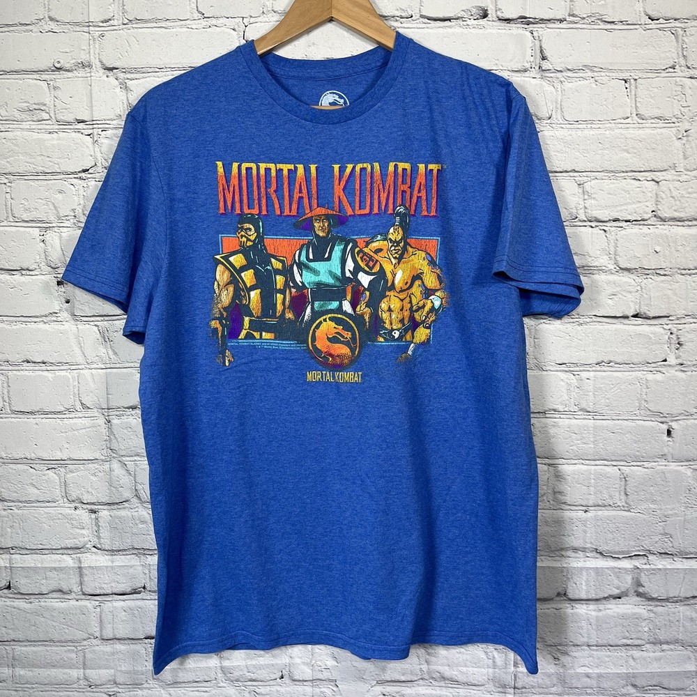 Mortal Kombat T Shirt Mens Size Large Blue Raiden Goro Scorpion Under Logo