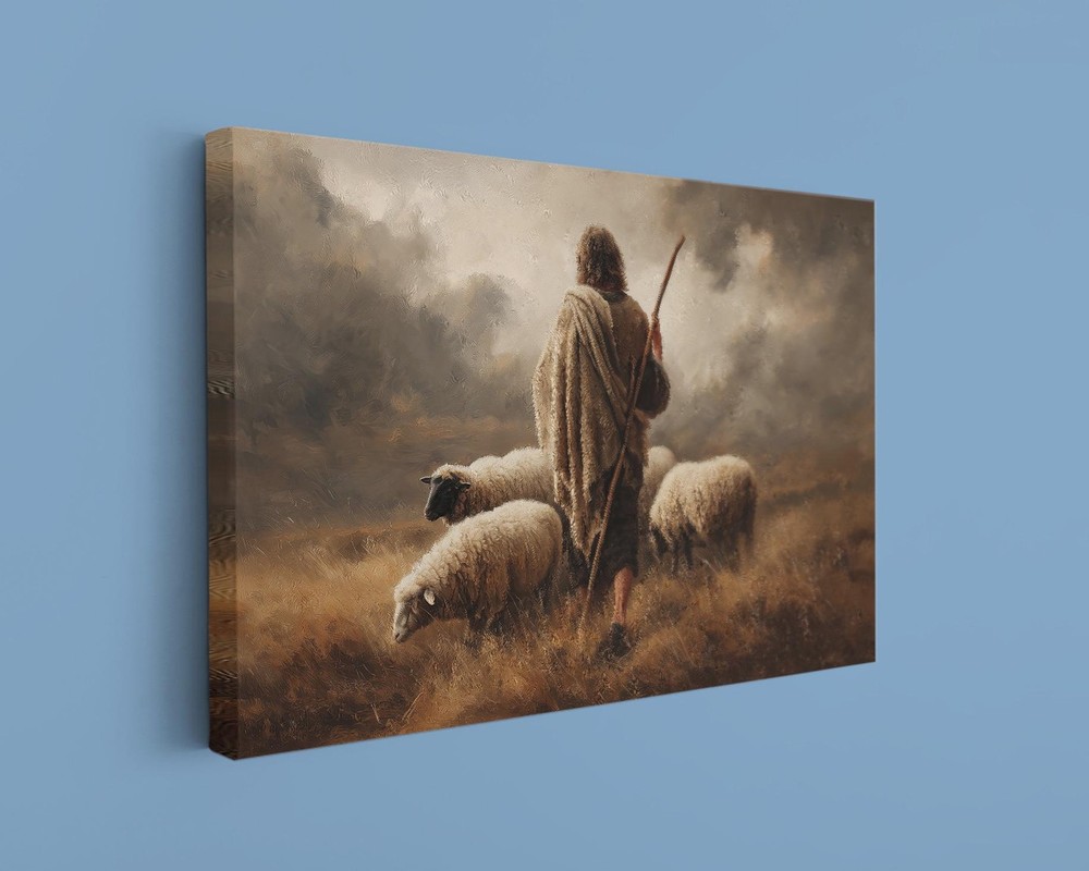 Good Shepherd Painting Canvas Art Jesus With Sheep Christian Wall Decor