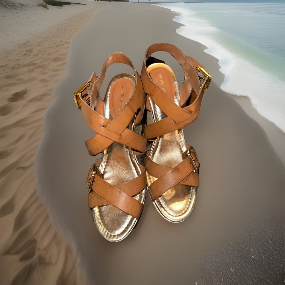 Liz Claiborne Sandals Sz 7.5 M (B)Espadrille Wedge AnkleStrap Brown Faux Leather