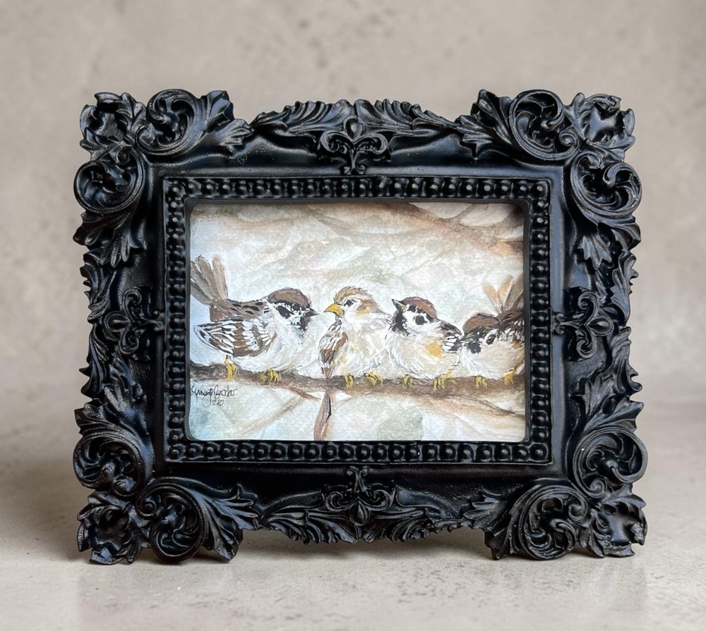 Sparrow Birds mini watercolor bird print • black vintage style ornate frame
