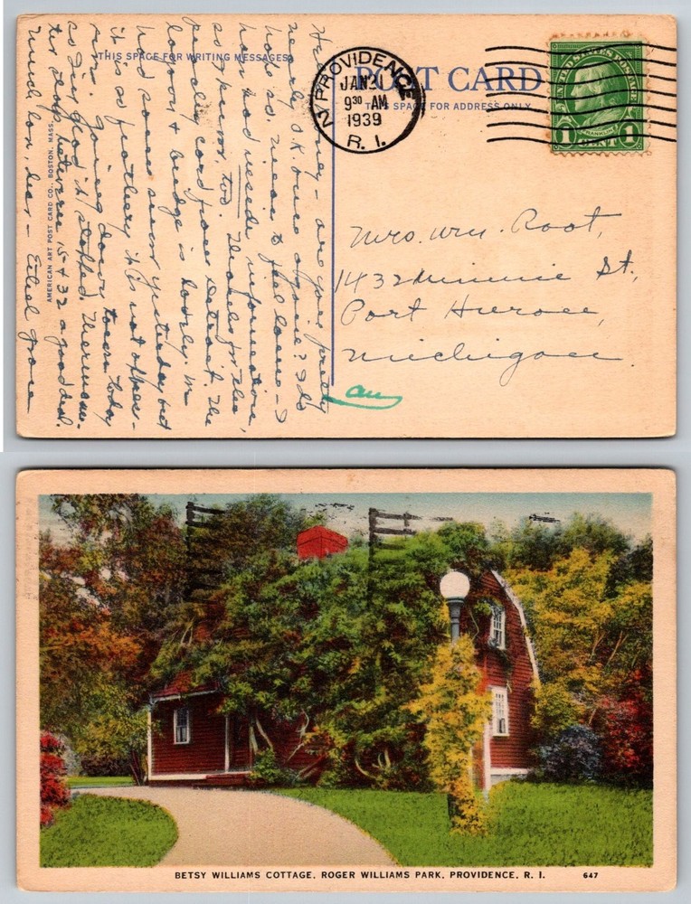 1939 Betsy Williams Cottage Roger Williams Park Providence RI Postcard