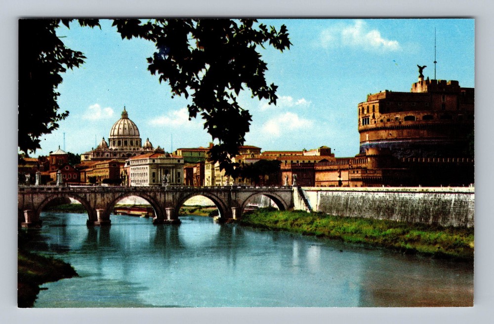 Italy- Rome Ponte Saint Angelo Castle & Tiber River Bridge Old Vintage Postcard